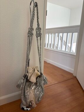 Silver Sequin Drawstring Satchel Bag - Unbranded
